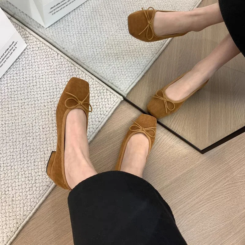 Retro Suede Woman Shoes Elegant Shallow Mouth Square Toe New Dress Slip on Laofers Chunky Low Heel Elegant Solid Moccasin Pumps