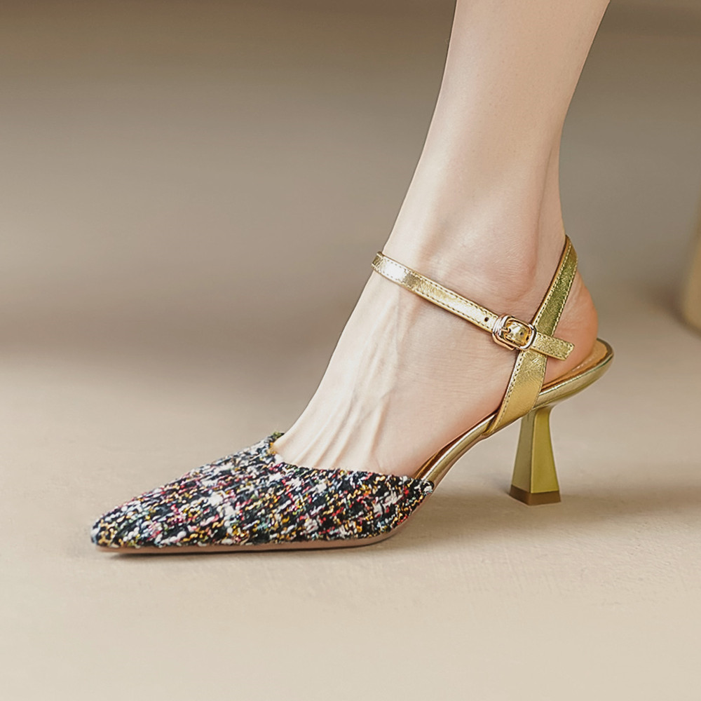 genuine Women's leather fabri patchwork ankle strap thin high heel pointed toe sandals elegant ladies brand design summer pumps 6790 06b1 56e0