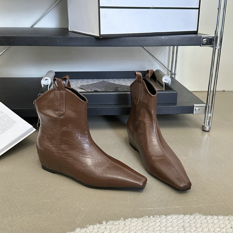 Black 2024 Women's Wedges Pointed Zip Inside V-cut Short Boots 6336