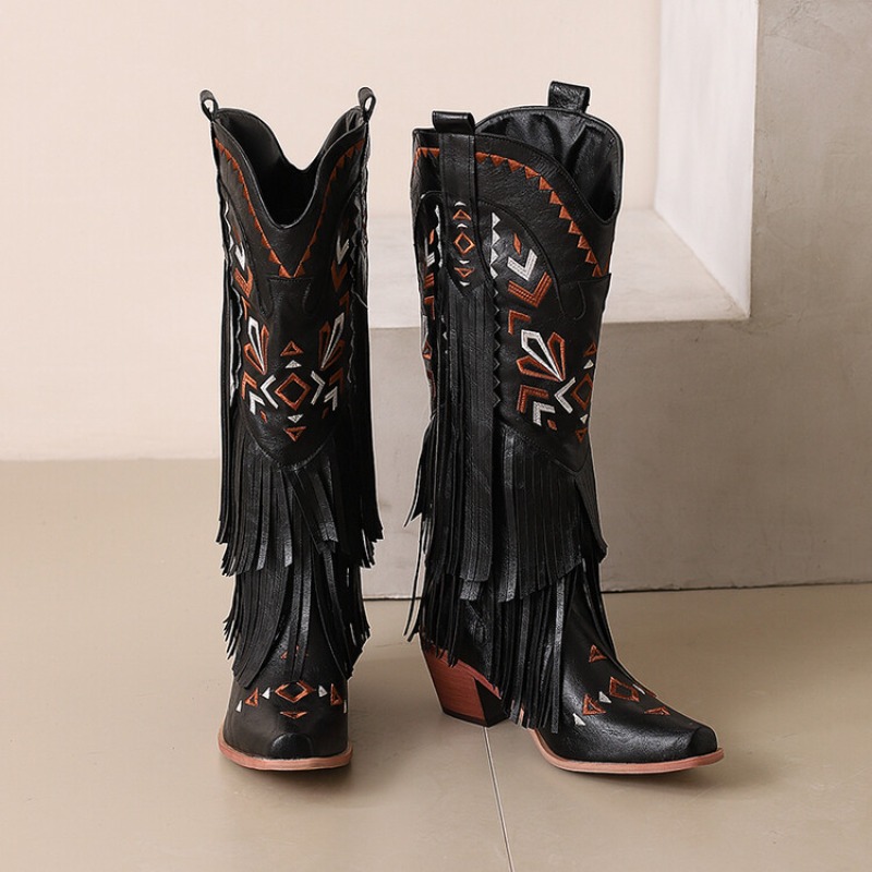 2024 Women Vintage Tassel Embroidered Western Cowboy Autumn Winter New Fashion Thick Heel Mid Length Long Boots 34-48