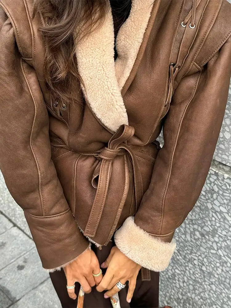 Fashionable cashmere leather patch work jacket with belt womens brushed tie lapel long sleeved ultrathin streetwear 240905