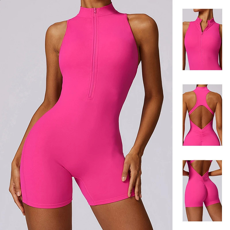V Back Scrunch Sports Jumpsuit Women Gym Rompers Sleeveless Sportswear Bodysuits Women Zipper One-Piece Suit Yoga Clothing 240914