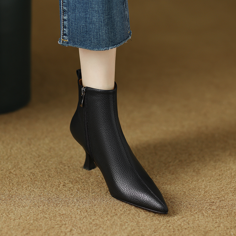 2024 Pointed Toe Ankle High Heels Women Thin Heel Short Boots Genuine Leather Winter Modern Ladies Shoes 7554
