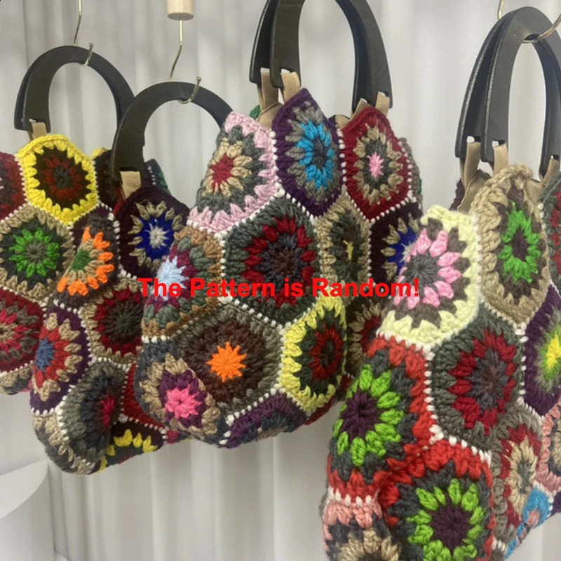 Bohemian Granny Square Crochet Womens Handbag Vintage Wooden Knitted Large 240913