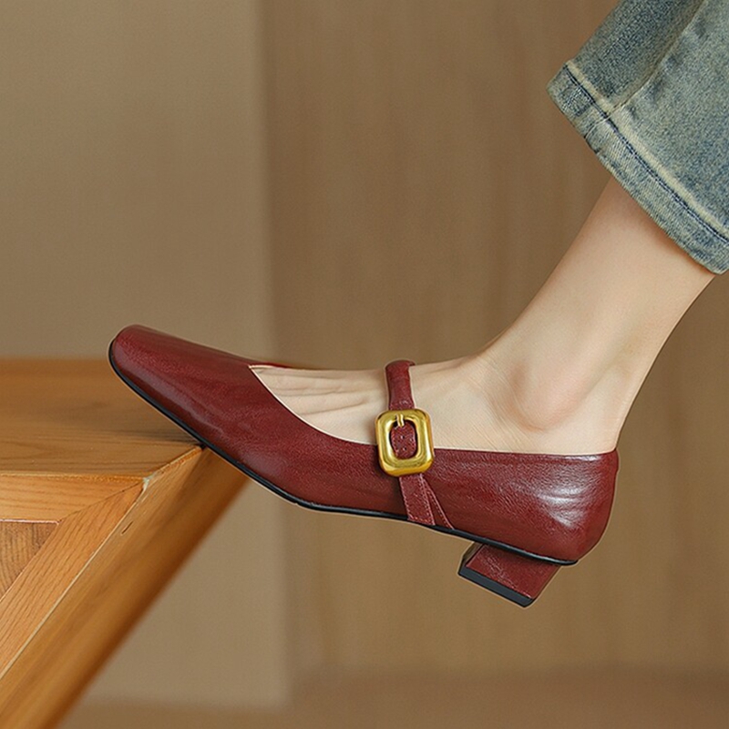 Spring/Autumn NEW Pumps Square Toe Chunky Heel Genuine Leather Shoes for Women Elegant High Heels Buckle Mary Janes 5833 s
