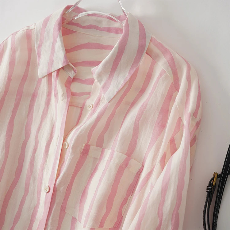 Retro striped womens shirt loose summer long sleeved top polo neck cotton linen womens shirt 240914