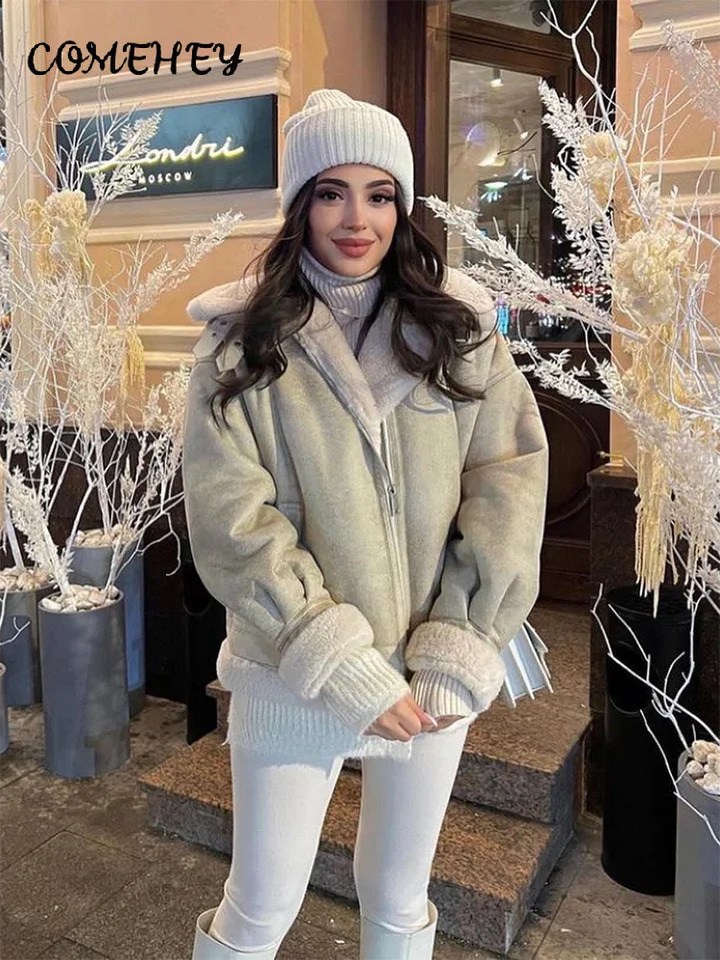 Wool sheepskin short sleeved womens jacket long lapel zipper pocket with fashionable autumn and winter street clothing fully matched 240905