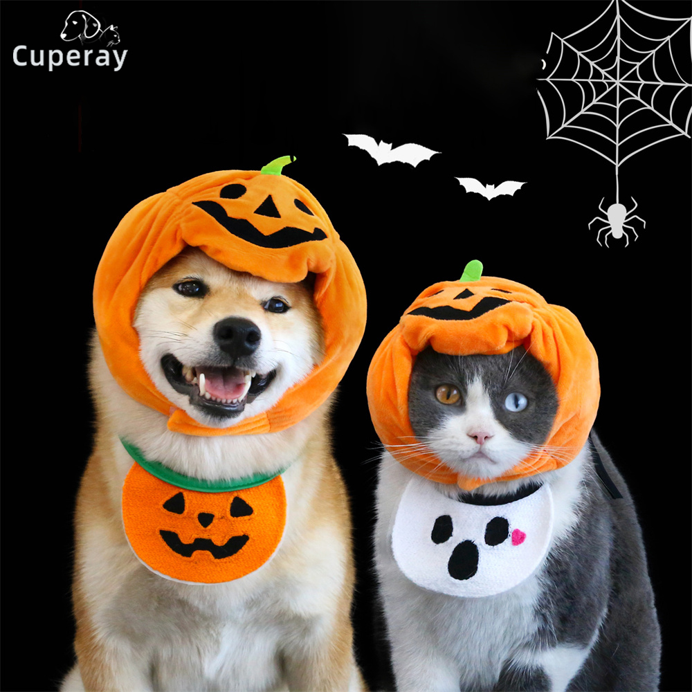Pet Hood & Bib Set,Cat Dog Halloween Pumpkin Hat Spooky Bib Set Cartoon Plush Hood Photography Props Dress Up Holiday Decoration