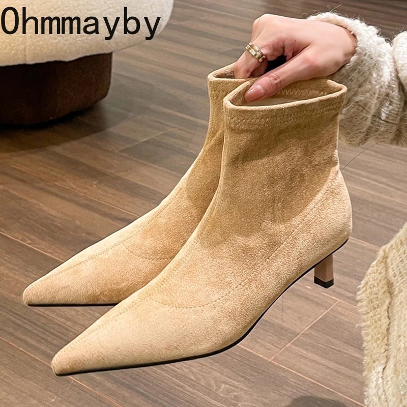 Toe Pointed Women Sock Short Boots Fashion Slip On Slim Ankle Booties High Heel Autumn Winter Ladies Shoes c3e3