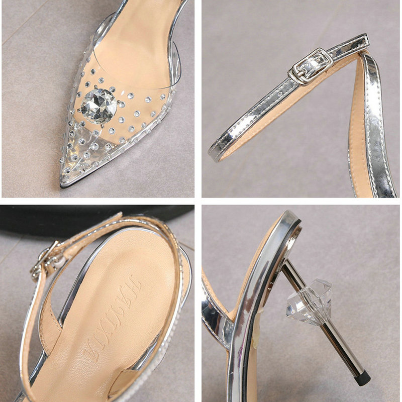 2024 New Summer Luxury Pointed Pumps Crystal Heels Transparent Rhinestone Stiletto Sandals High Heels