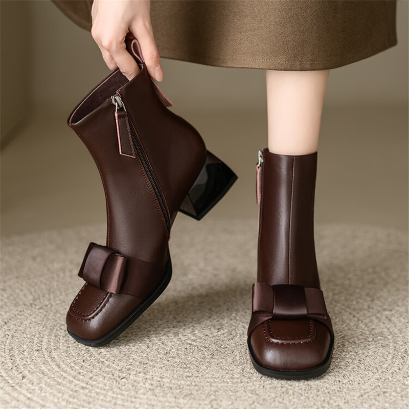 New Winter Cow Leather Square Toe Chunky Heels for Women Fashion Bow Short Boots Ladies Shoes atos De Mujer