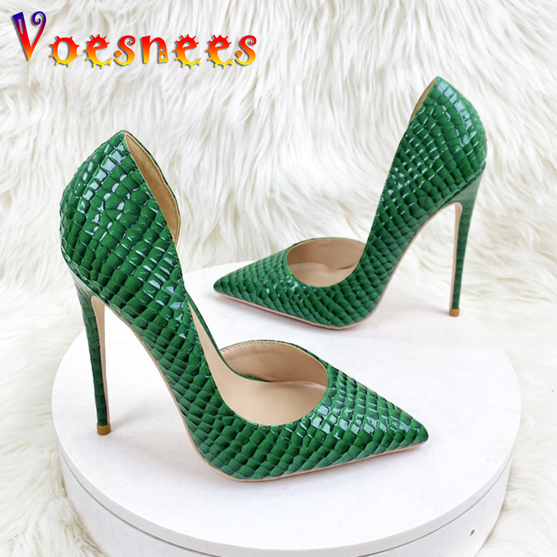 12CM Embossing Single Shoes Sexy Pointed Toe Women Evening Party Dress High Heels New Summer Office Green Slip On Stiletto Pumps