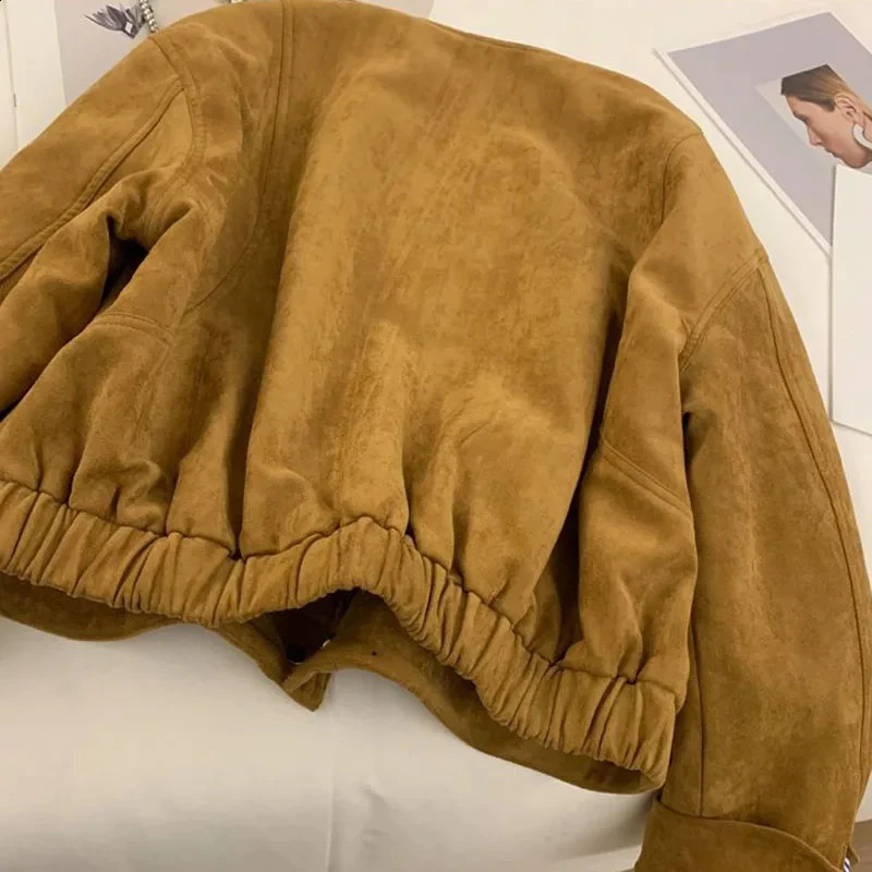 MEXZT suede cut jacket womens Harajuku Korean long sleeved bomber jacket womens retro single chest short jacket top 240914