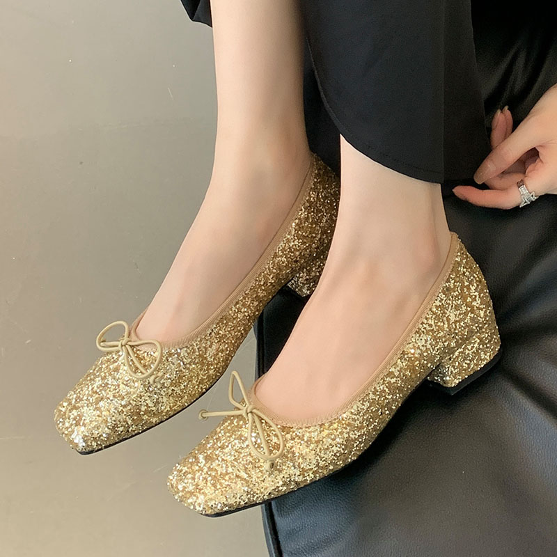 2025 new Fashion Golden Bg Footwear Designer Shallow Women Square Heel Female Slides Butterfly-Knot Ladies Heeled Pumps Shoes ef5e ed