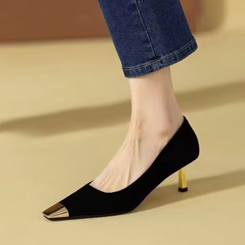 Women's Pumps Mid Heels Office Lady Shoes Gold Toe Boat Shoes Black Gold Heels Dress Shoes Velvet Pump Spring Autumn 1740N