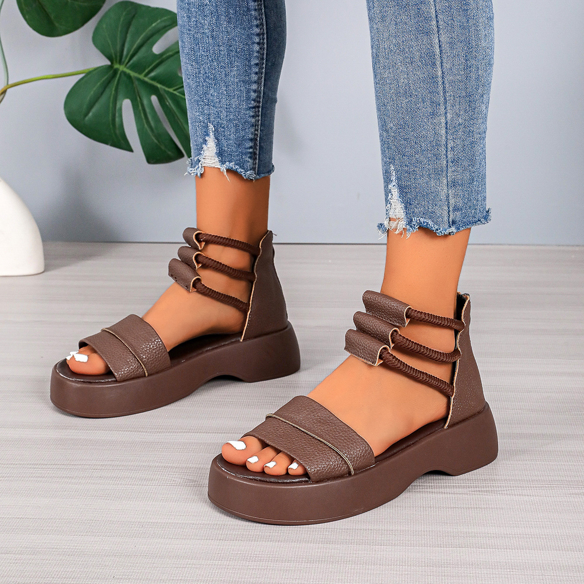 2025 new New Fashion Summer Retro Thick Bottom Pen Toe Hollow Back Zip Women's Sandals Brown Platform Elegant Heel Sandales Femme 7d4a