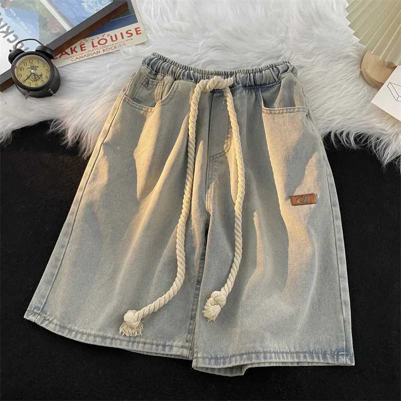 Mens Summer New Washed Denim Shorts Rope Elastic Waist Casual Loose Five Points Drawstring Jeans ShortsX240914
