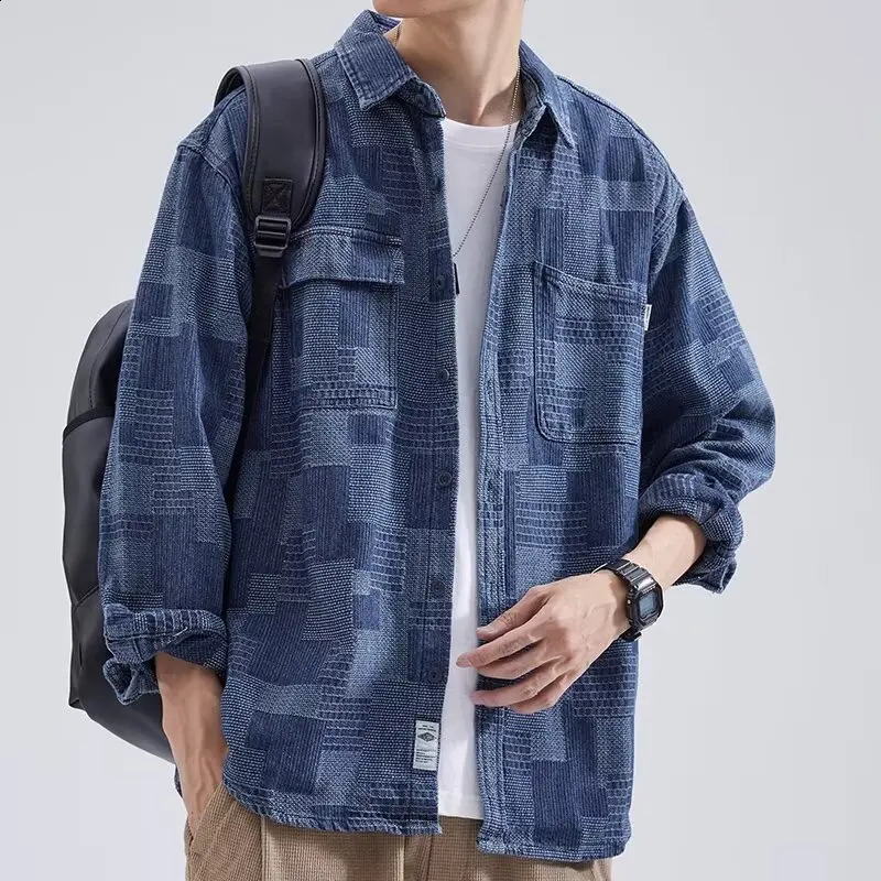 Clothing denim shirt jacquard splicing niche long sleeved work mens spring and autumn jacket Japanese retro 240904