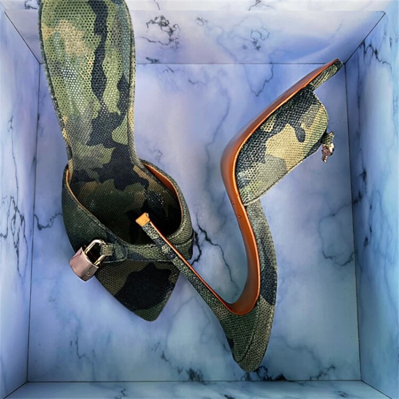 Military New Green Padlock Slim High Heels Fashion Sandals 2024 Summer European American Women Sexy Outdoor Slippers Size 34-45 165a 3d6