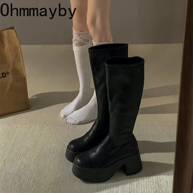 Punk Style Platform Women Knee High Boots Fashion Slip On Thick Heel Shoes Ladies Concise Knight Long Botas De Mujer