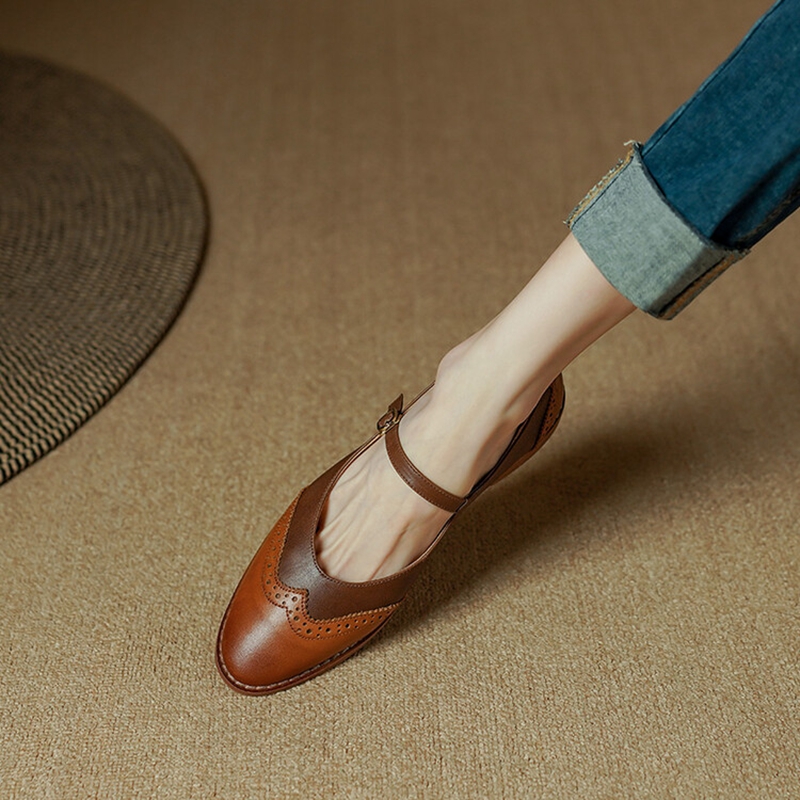Spring/Fall 2023 Pumps Genuine Leather Round Toe Chunky Low Heel Women Shoes Retro Mary Janes 0be7