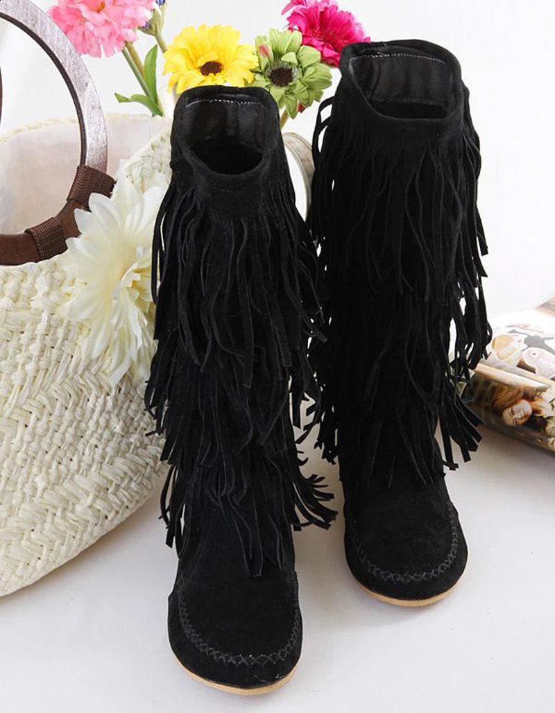 aiykazysdl faux suede fringe tassel moccassin midcalf knight boots casual flat heel bohemia dress booties cowboy shoes 240911