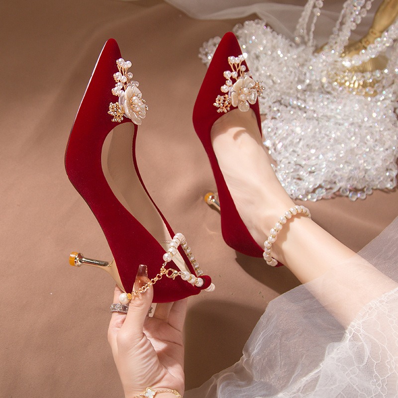 2025 new Pearl Women High Heels Pumps Pointed Toe Stilettos Femme Sexy Ladies Wedding Red Shoes 43e0