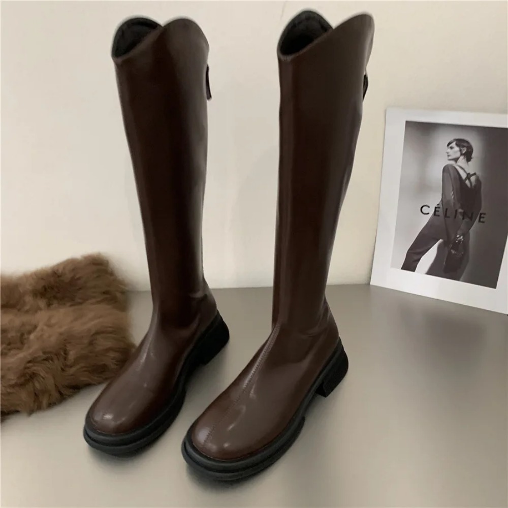 Women's Knee New Autumn PU Leather Female Shoes Low Heel Long Boots Slip on Chunky Botas for Woman 7342