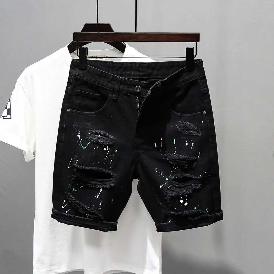 Fashion Summer New Casual Denim Jeans Knee Length Shorts for Men Black Cowboy Low Rise Ripped Holes Boyfriend Mens Denim ShortsX240914