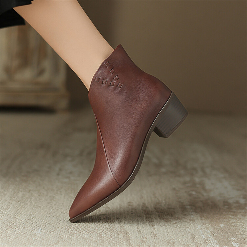 New Genuine Leather Ankle Pointed Toe Chunky Heel for Winter Fashion Short Concise Women Boots