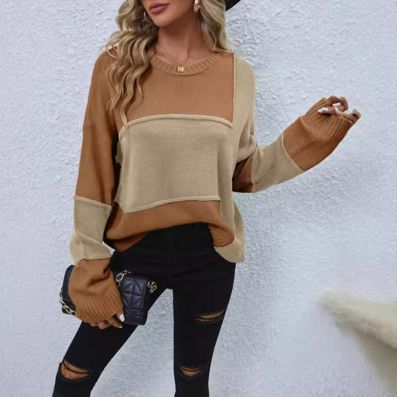 dongdumaoyi New autumn and winter pullover round neck long sleeved knitted sweater fashionable color blocked loose sweater F0914#42