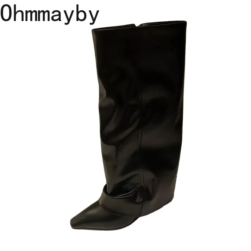 Designer Women Trouser Legs High Boots Fashion Side Zippers Long Boots Thick High Heels Autumn Winter Ladies Shoes