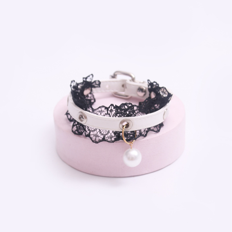 PU Leather Pet Collar Imitation Pearl Charm Cat Collar Faux Leather Pet Collar with Lace Trim Pet Collar for Cats and Small Dogs