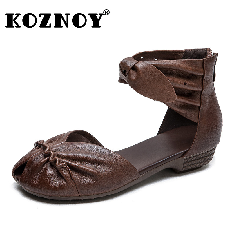 Koznoy 3cm Sandas Genuine Leather Rubber Women Ankle Booties Flats Breathable Oxfords Fashion Comfy Peep Toe Hollow Summer Shoes