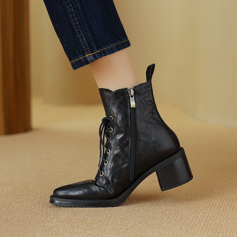 Autumn NEW Genuine Leather for Women Pointed Toe Chunky Heel Shoes Lace-up Ankle Zipper Designer Boots 4a2a