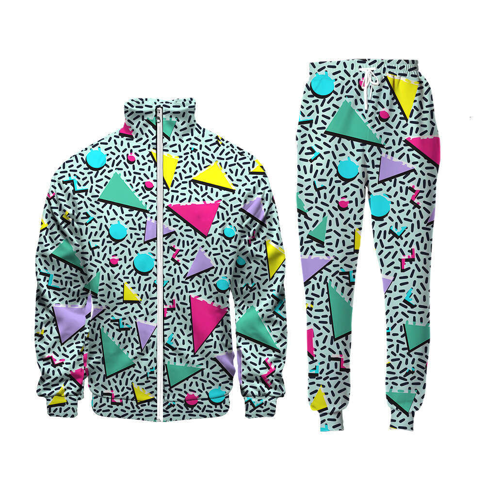 European men's casual sports with 3D digital printing long sleeved pants and zippered shirt set