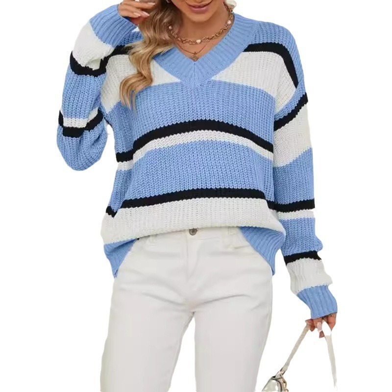 dongdumaoyi Women's pullover sweater autumn and winter new V-neck contrasting splicing loose and fashionable sweater F0914#41
