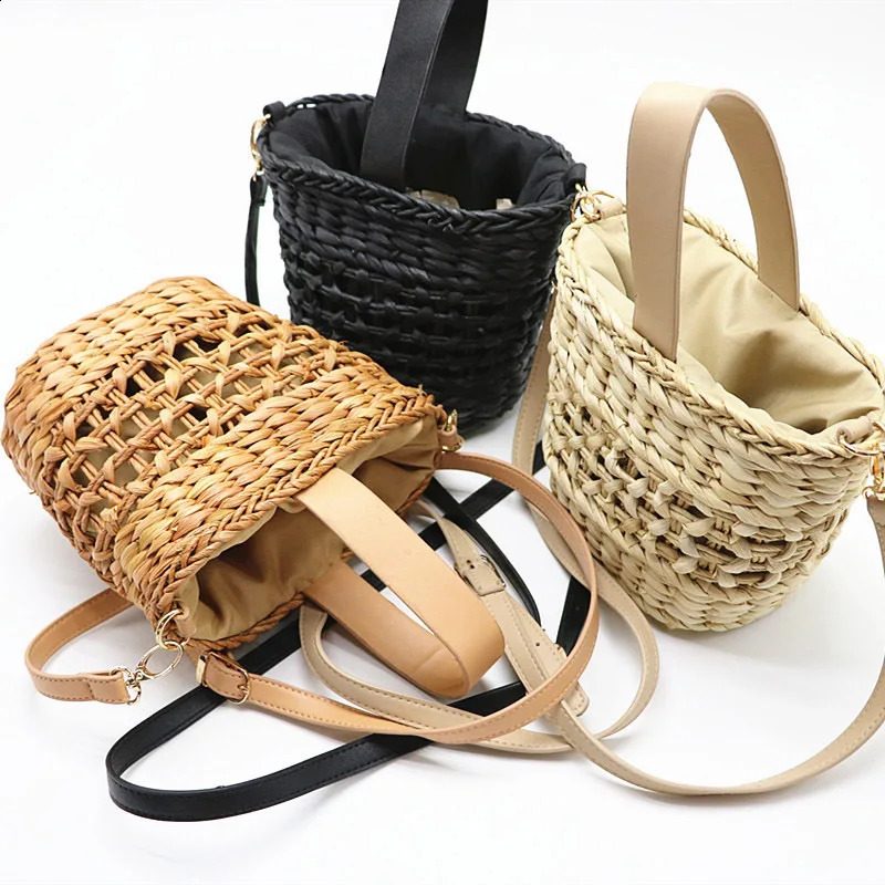 Handmade womens shoulder bag bucket handbag summer grass beach hollow cross messenger Bohemian 240913
