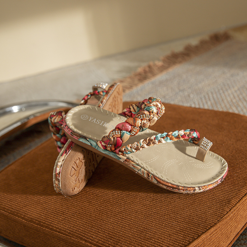 shoes woman trend Women Flat Sandals Summer Boho Rhinestone Dress Shoes Comfort Open Toe Elastic women sandals on offer