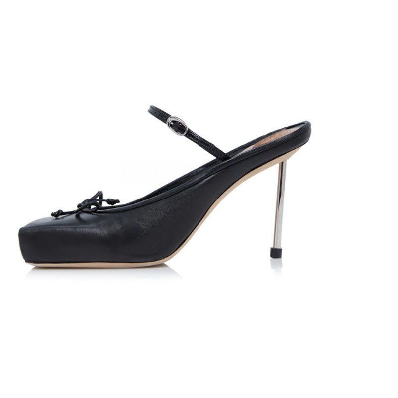 Bowknot Square Toe High Heels Shallow Mouth Slippers 2024 New Fashion Party Steel Pipe Dance Sexy Women's Sandals Large 34-43