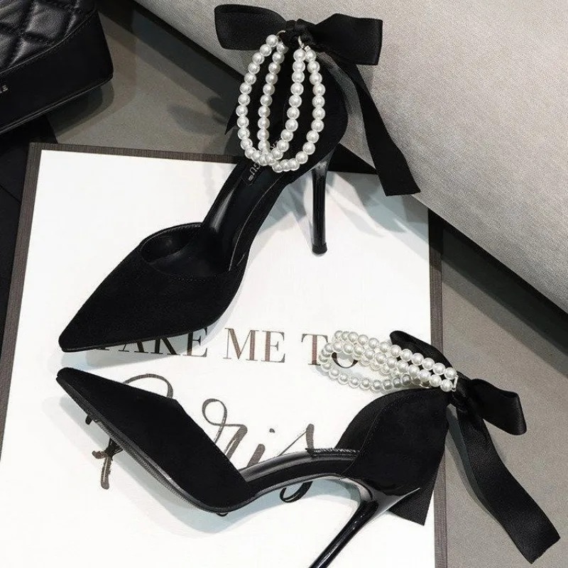 Black Pumps Women's 2024 Summer New Brand Design String Bead Pearls Wedding Bridal High Heels Sexy Pointed Toe Party Dance Shoes eb65 54b7