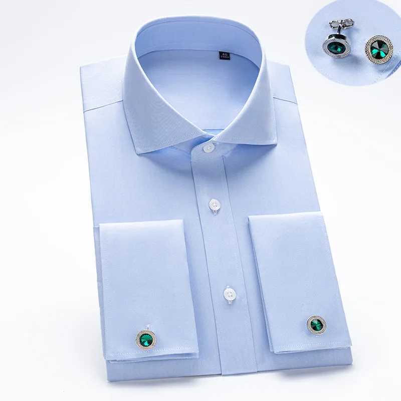 Luxury Windsor Collar Mens Cotton French Cuff Shirt Non Iron Quality Long Sleeve Business Formal Male Dress Cufflink Shirts Z240914
