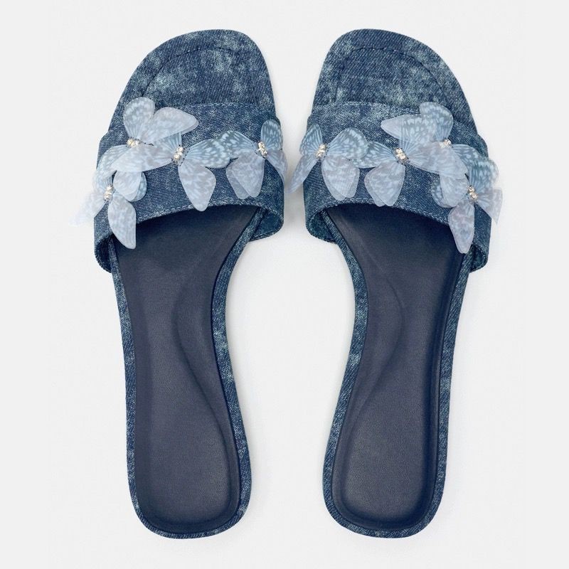 2024 Summer Flat Butterfly Decoration Slippers for Women's Fashion Denim Retro Flip ps Casual Beach Shoes Outdoor Slides
