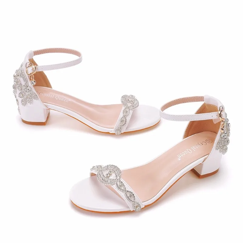 Top-Rated Rhinestone Strap Pumps Sandals for Women Elegant Square Heel Party Dress Shoes White PU Comfortable Fit