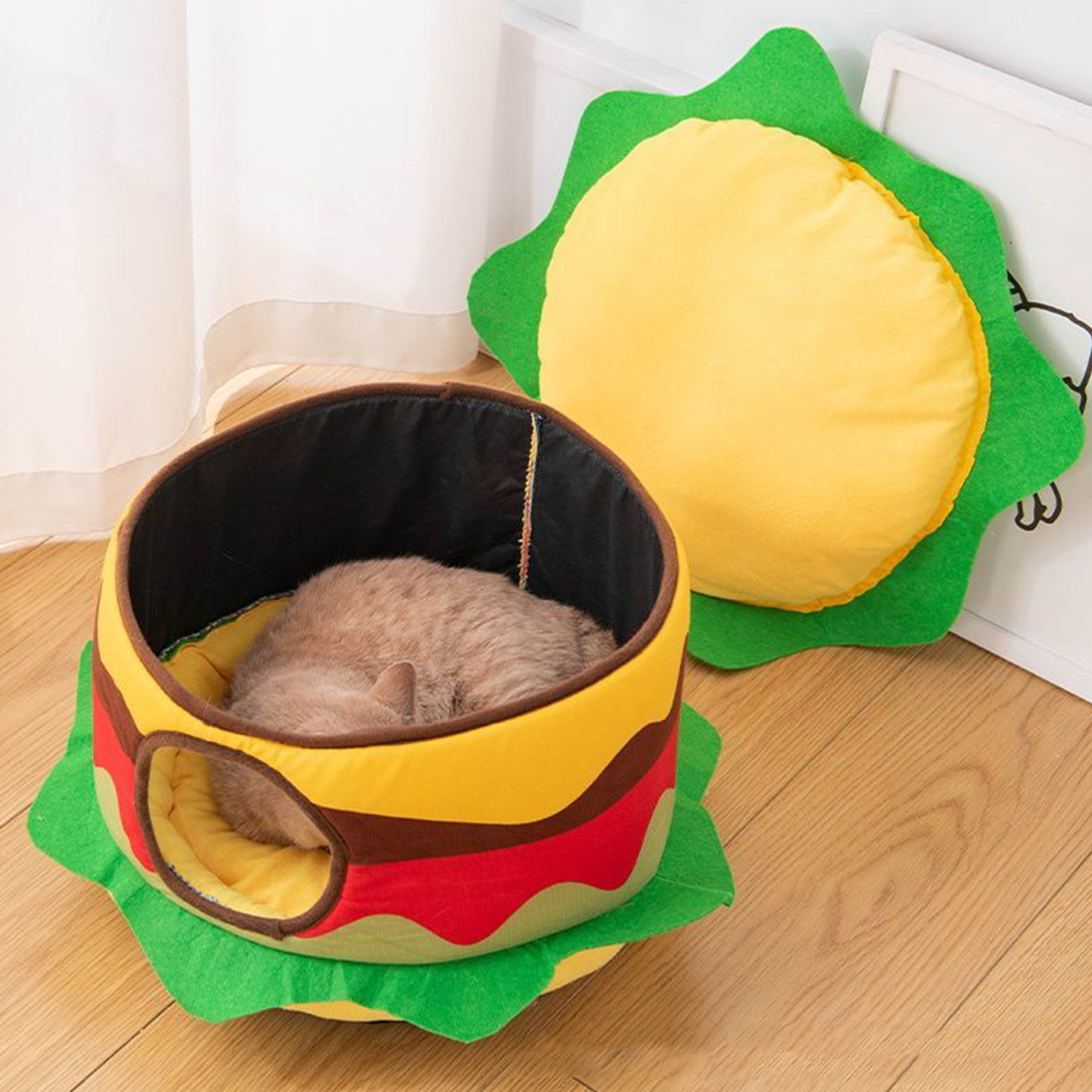 Cute Hamburger Shape Cat Bed, Detachable, Soft, Warm, Cozy, Puppy House for Winter