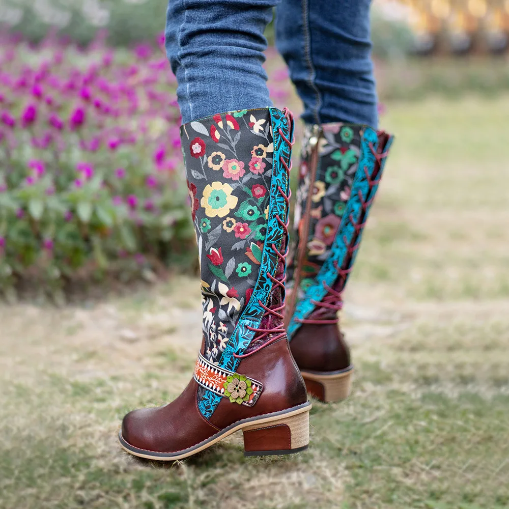 Vintage Mid-calf Boots Women Shoes Bohemian Retro Genuine Leather Motorcycle Boots Printed Side Zipper Back Lace Up Botas