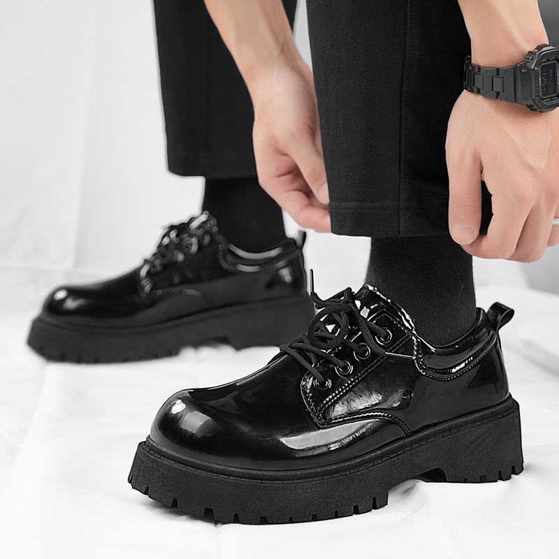 STRONGSHEN Men Patent Leather Shoes Round Toe Casual Platform Business Shoes Fashion Wedding Banquet Party Formal Dress Shoes