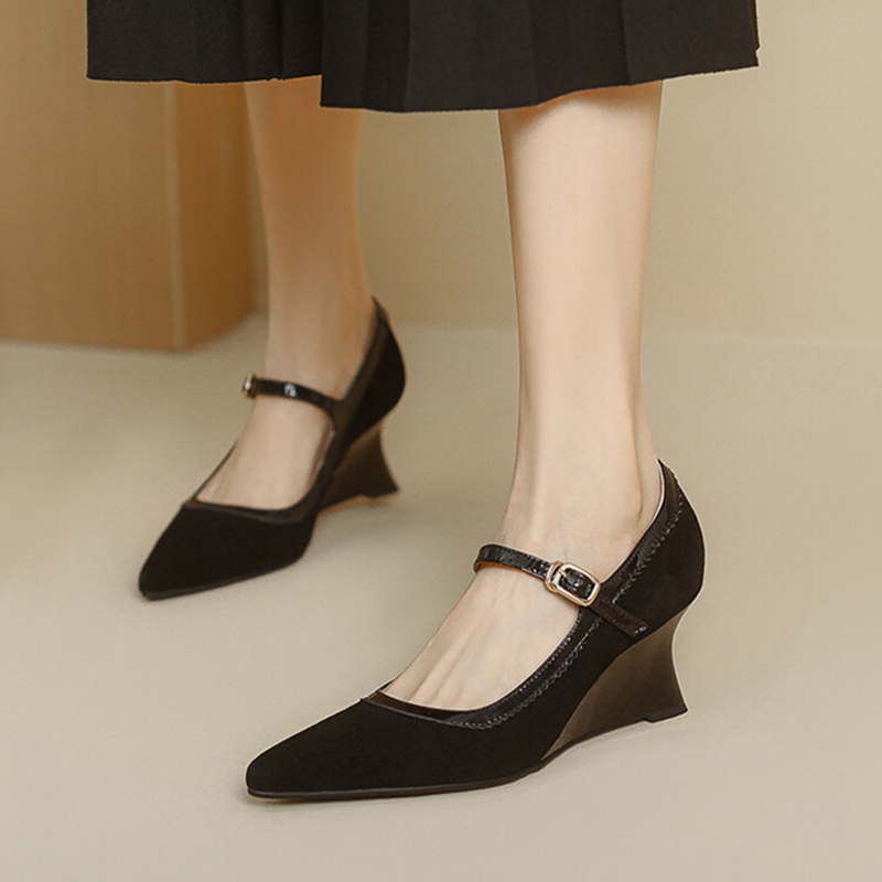 2025 new Spring/Autumn NEW Sheep Suede Leather for Pointed Toe Chunky Heel Women Pumps Wedges Mary Janes Shoes 612b