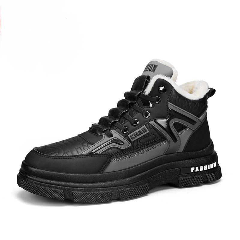 Mid top leather with plush Martin boots for outerwear, warm snow boots, British style men's thick soled cotton shoes