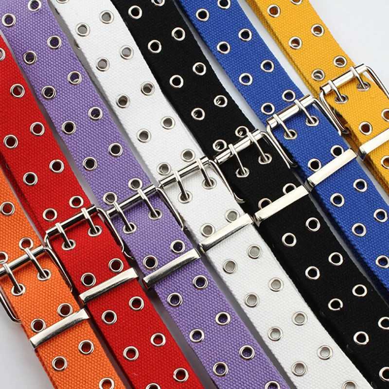 Women Studded Grommet Hole 2 Row Pin Buckle Canvas Nylon Belt Waistband 105cmX240914